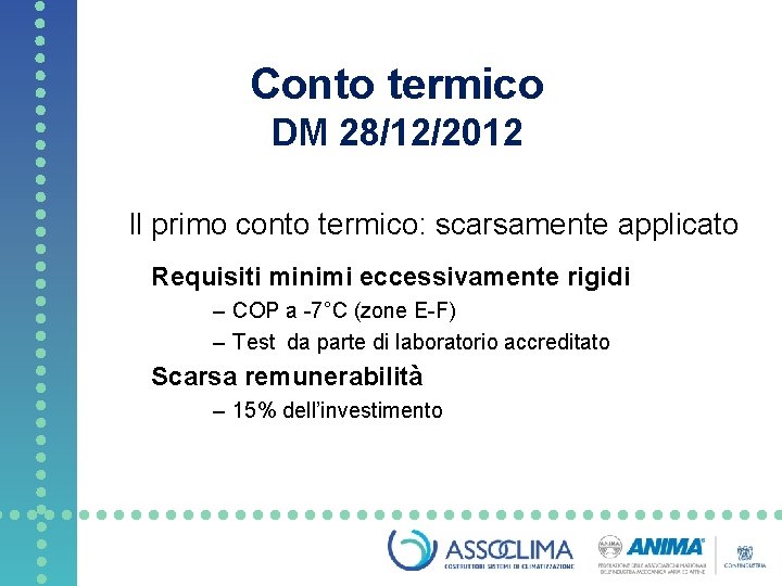 Conto termico DM 28/12/2012 Il primo conto termico: scarsamente applicato Requisiti minimi eccessivamente rigidi