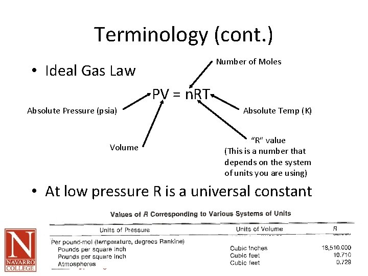 Terminology (cont. ) Number of Moles • Ideal Gas Law PV = n. RT