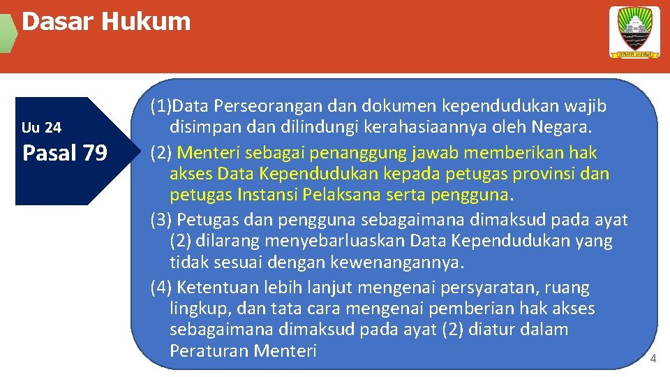 Dasar Hukum Uu 24 Pasal 79 (1)Data Perseorangan dokumen kependudukan wajib disimpan dilindungi kerahasiaannya