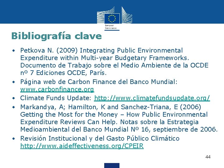 Bibliografía clave • Petkova N. (2009) Integrating Public Environmental Expenditure within Multi-year Budgetary Frameworks.