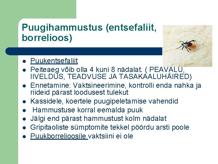 Puugihammustus (entsefaliit, borrelioos) l l l l Puukentsefaliit Peiteaeg võib olla 4 kuni 8