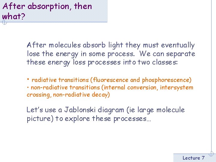 After absorption, then what? After molecules absorb light they must eventually lose the energy