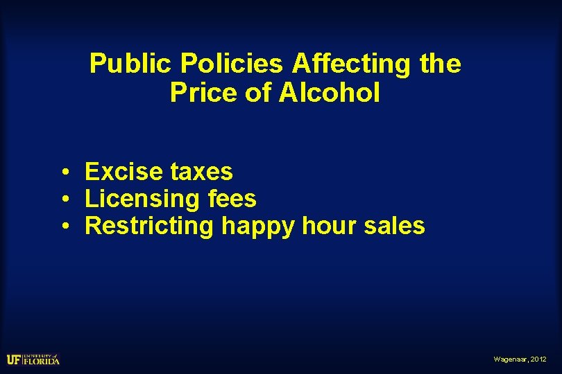 Public Policies Affecting the Price of Alcohol • Excise taxes • Licensing fees •