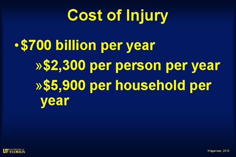 Cost of Injury • $700 billion per year » $2, 300 person per year