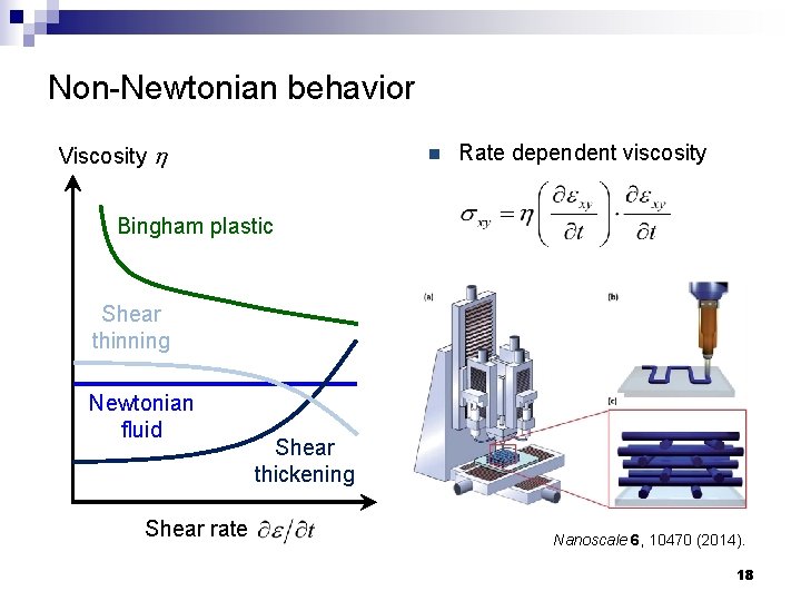 Non-Newtonian behavior Viscosity h n Rate dependent viscosity Bingham plastic Shear thinning Newtonian fluid