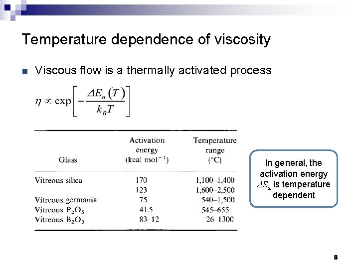 Temperature dependence of viscosity n Viscous flow is a thermally activated process In general,