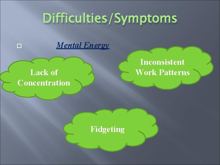 Difficulties/Symptoms Mental Energy Inconsistent Work Patterns Lack of Concentration Fidgeting 