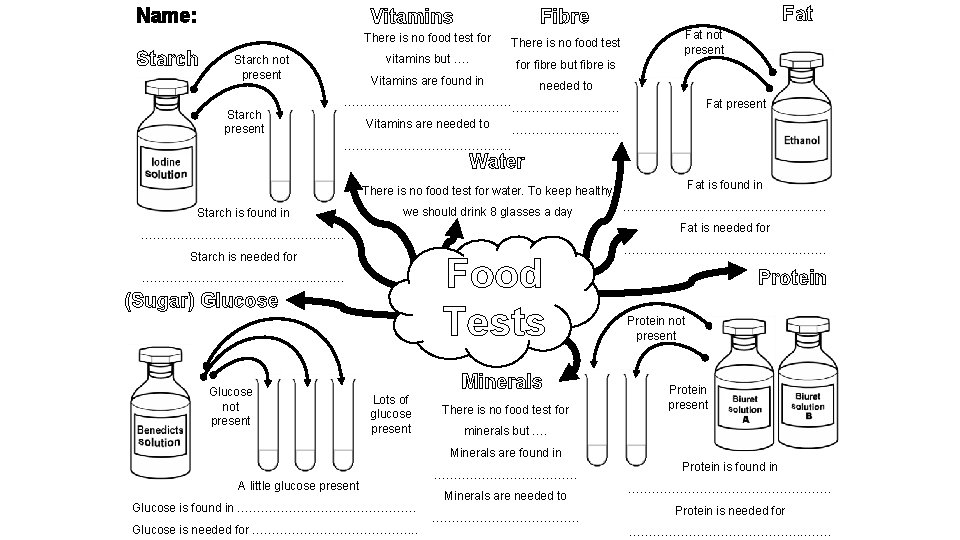 Name: Starch not present Starch present Fat Fibre Vitamins There is no food test