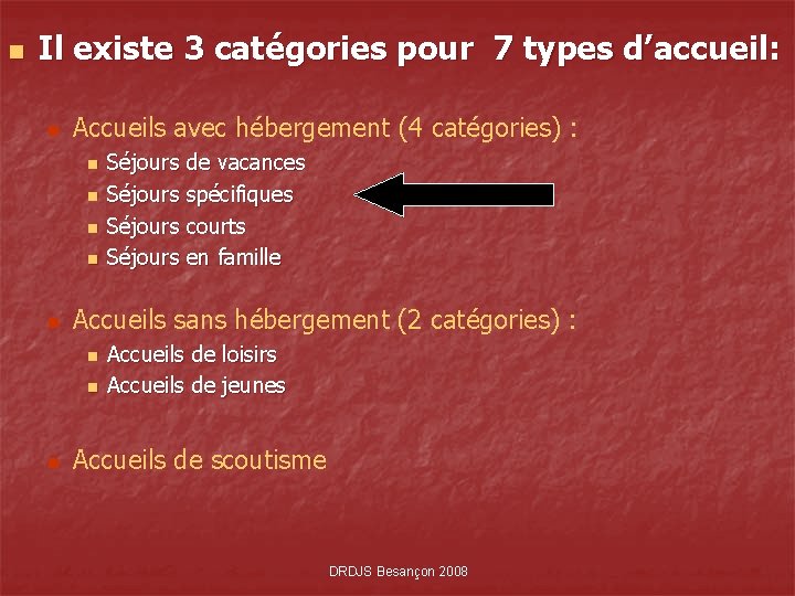 n Il existe 3 catégories pour 7 types d’accueil: n Accueils avec hébergement (4