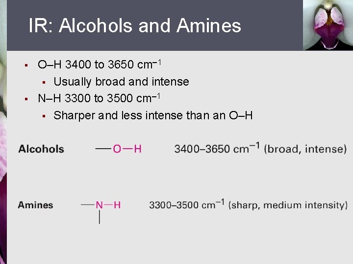 IR: Alcohols and Amines § § O–H 3400 to 3650 cm 1 § Usually