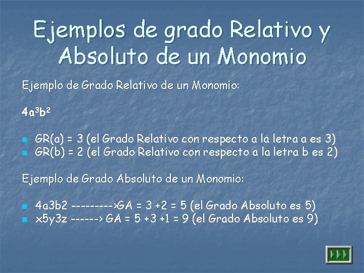 Ejemplos de grado Relativo y Absoluto de un Monomio Ejemplo de Grado Relativo de