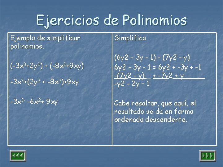 Ejercicios de Polinomios Ejemplo de simplificar polinomios. (-3 x 3+2 y 2) + (-8