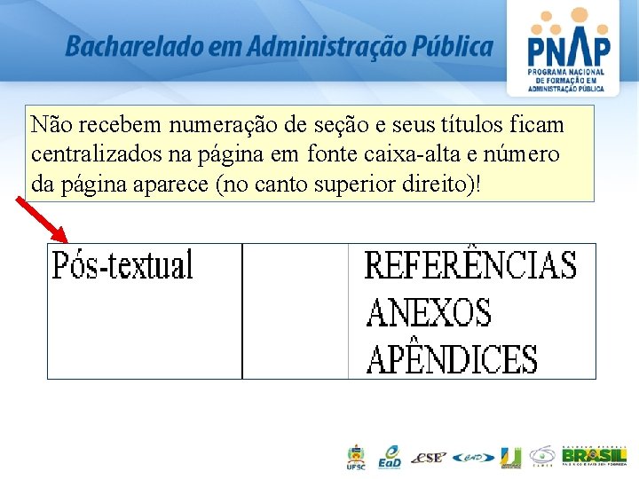 Não recebem numeração de seção e seus títulos ficam centralizados na página em fonte