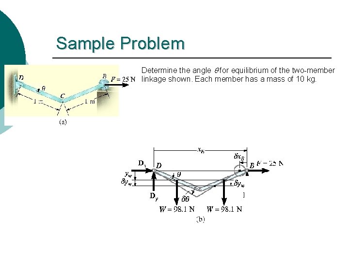 Sample Problem Determine the angle q for equilibrium of the two-member linkage shown. Each