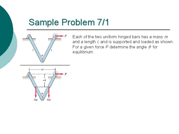 Sample Problem 7/1 Each of the two uniform hinged bars has a mass m