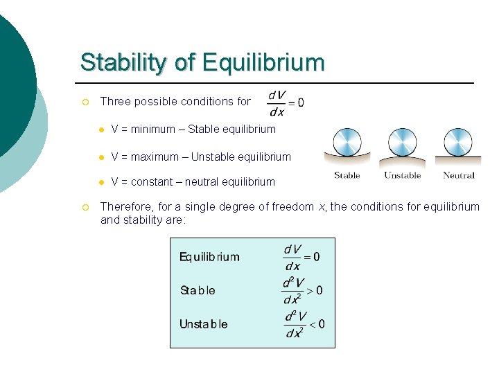 Stability of Equilibrium ¡ ¡ Three possible conditions for l V = minimum –