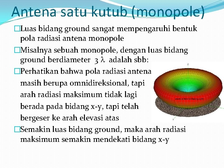 Antena satu kutub (monopole) �Luas bidang ground sangat mempengaruhi bentuk pola radiasi antena monopole