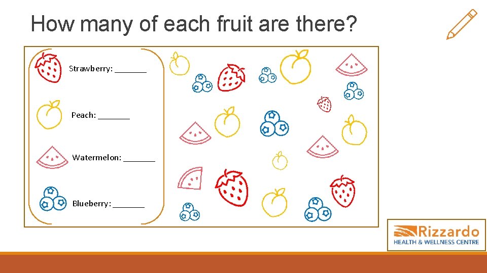 How many of each fruit are there? Strawberry: _______ Peach: _______ Watermelon: _______ Blueberry: