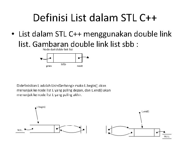 Definisi List dalam STL C++ • List dalam STL C++ menggunakan double link list.