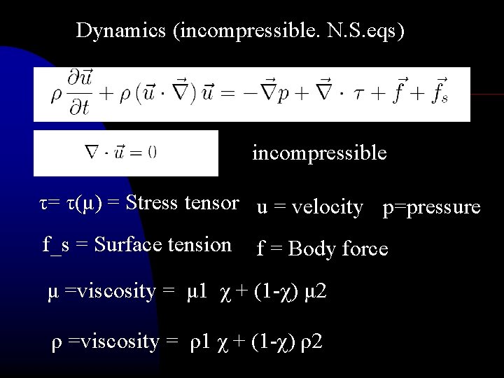 Dynamics (incompressible. N. S. eqs) incompressible τ= τ(μ) = Stress tensor u = velocity