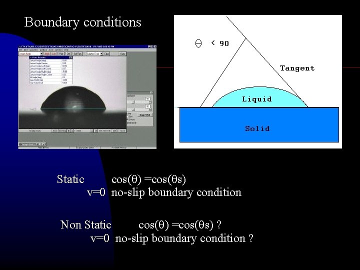 Boundary conditions Static cos( ) =cos( s) v=0 no-slip boundary condition Non Static cos(