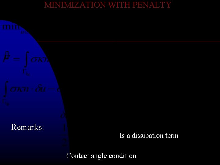 MINIMIZATION WITH PENALTY Remarks: Is a dissipation term Contact angle condition 