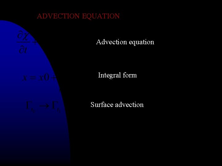 ADVECTION EQUATION Advection equation Integral form Surface advection 