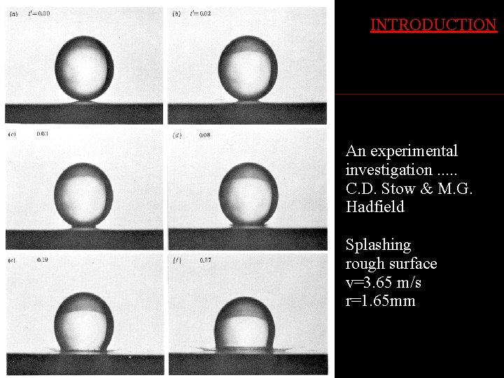INTRODUCTION An experimental investigation. . . C. D. Stow & M. G. Hadfield Splashing