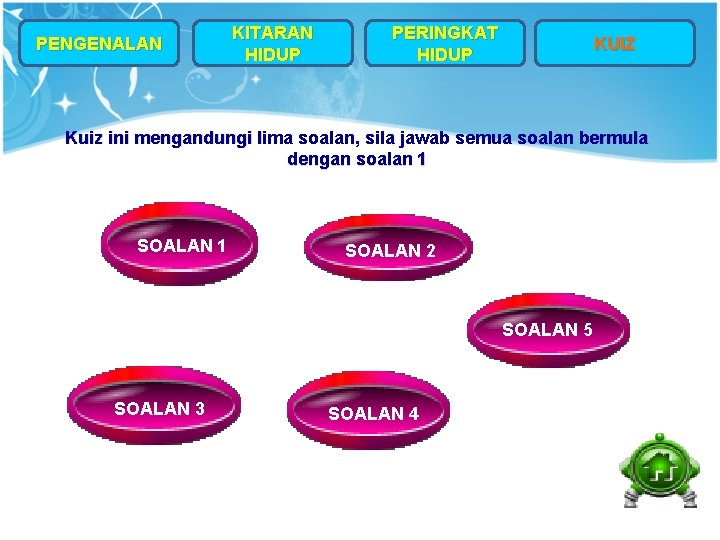 PENGENALAN KITARAN HIDUP PERINGKAT HIDUP KUIZ Kuiz ini mengandungi lima soalan, sila jawab semua