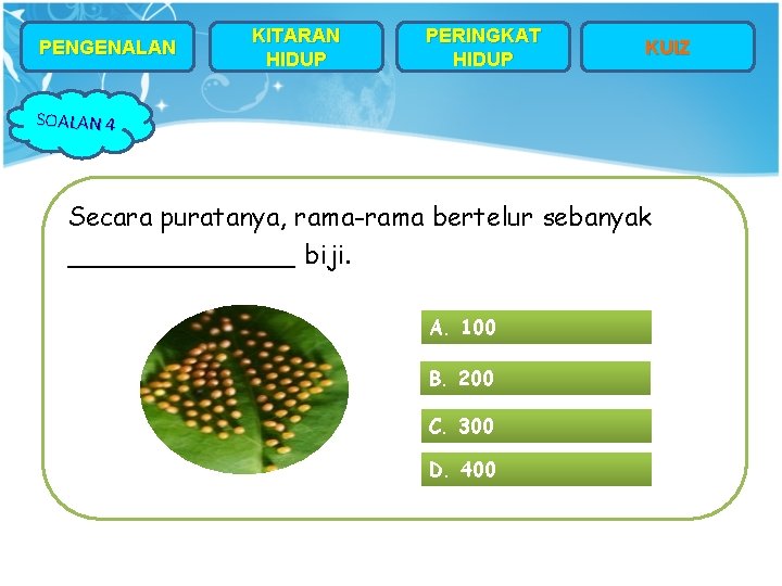 PENGENALAN KITARAN HIDUP PERINGKAT HIDUP KUIZ SOALAN 4 Secara puratanya, rama-rama bertelur sebanyak _______