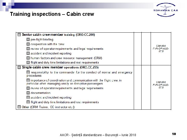 Training inspections – Cabin crew AACR - Ședință standardizare – București – Iunie 2018 Training inspections – Cabin crew AACR - Ședință standardizare – București – Iunie 2018