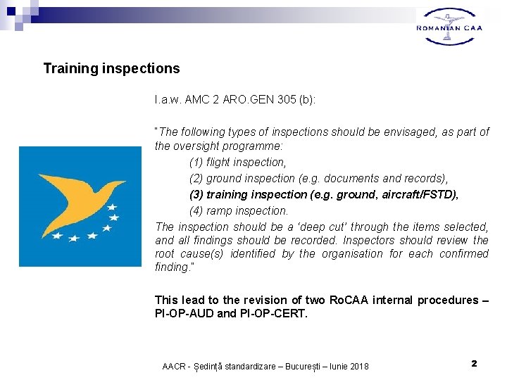 Training inspections I. a. w. AMC 2 ARO. GEN 305 (b): “The following types Training inspections I. a. w. AMC 2 ARO. GEN 305 (b): “The following types