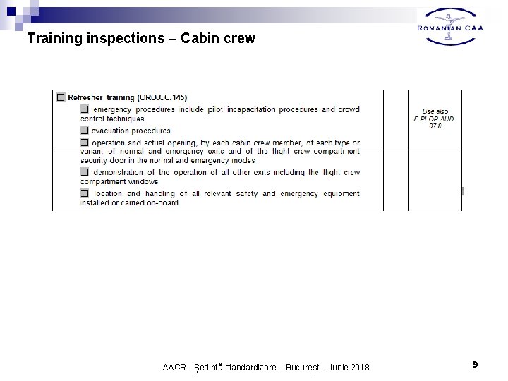 Training inspections – Cabin crew AACR - Ședință standardizare – București – Iunie 2018 Training inspections – Cabin crew AACR - Ședință standardizare – București – Iunie 2018