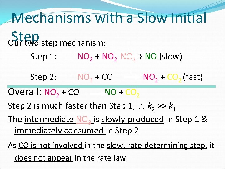 Mechanisms with a Slow Initial Step Our two step mechanism: Step 1: Step 2: