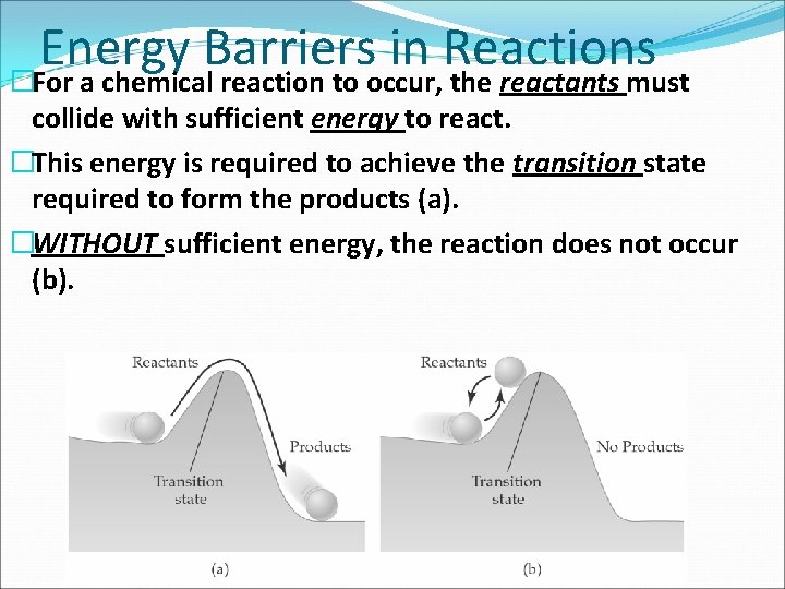 Energy Barriers in Reactions �For a chemical reaction to occur, the reactants must collide
