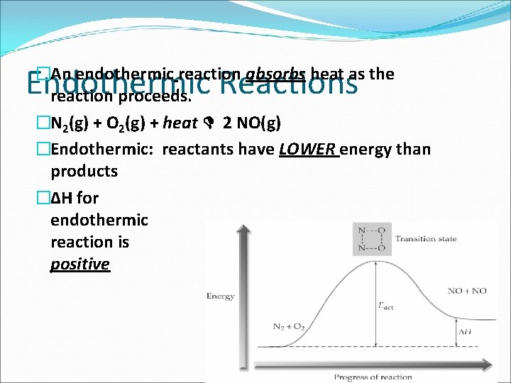 Endothermic Reactions �An endothermic reaction absorbs heat as the reaction proceeds. �N 2(g) +