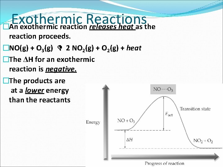 Exothermic Reactions �An exothermic reaction releases heat as the reaction proceeds. �NO(g) + O