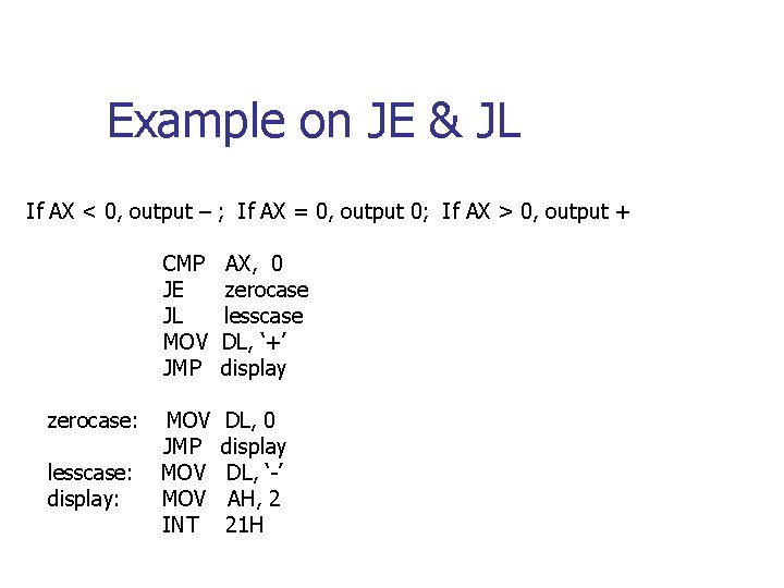 Example on JE & JL If AX < 0, output – ; If AX