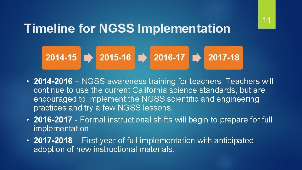 Timeline for NGSS Implementation 2014 -15 2015 -16 2016 -17 11 2017 -18 •