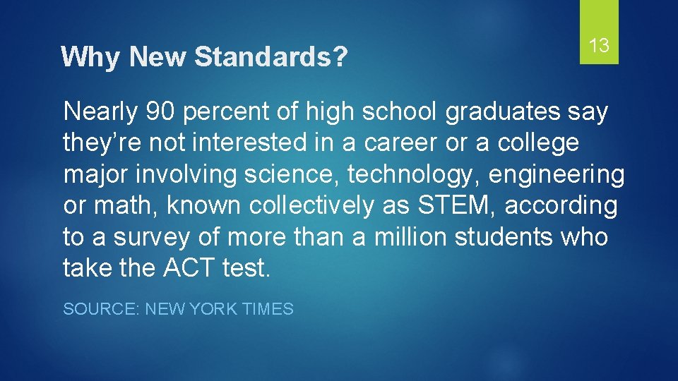 Why New Standards? 13 Nearly 90 percent of high school graduates say they’re not