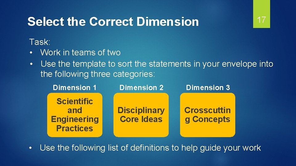 Select the Correct Dimension 17 Task: • Work in teams of two • Use