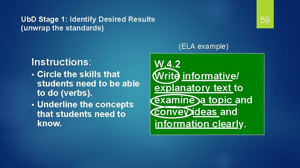 Ub. D Stage 1: Identify Desired Results (unwrap the standards) 59 (ELA example) Instructions: