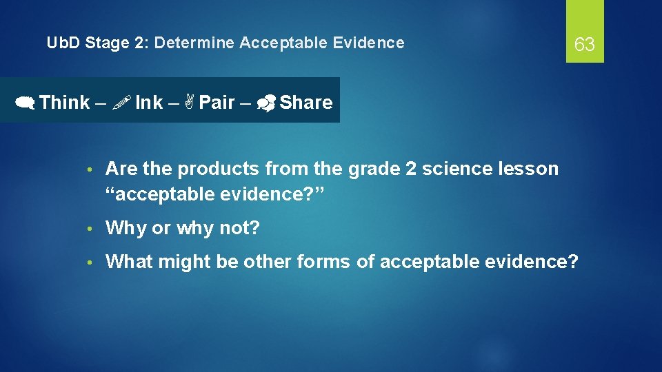 Ub. D Stage 2: Determine Acceptable Evidence 63  Think –  Ink –  Pair –