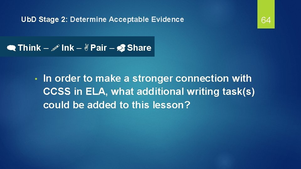 Ub. D Stage 2: Determine Acceptable Evidence  Think –  Ink –  Pair –  Share