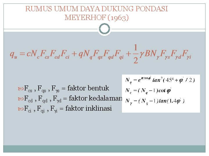 RUMUS UMUM DAYA DUKUNG PONDASI MEYERHOF (1963) Fcs , Fqs , F s =