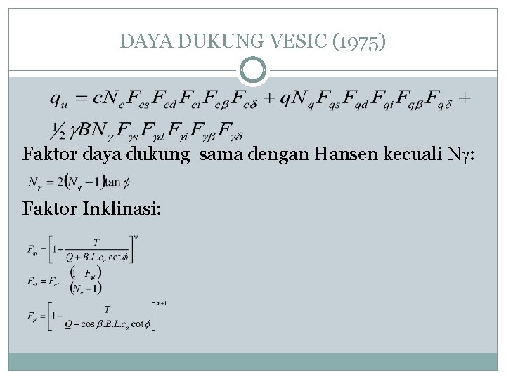 DAYA DUKUNG VESIC (1975) Faktor daya dukung sama dengan Hansen kecuali N : Faktor