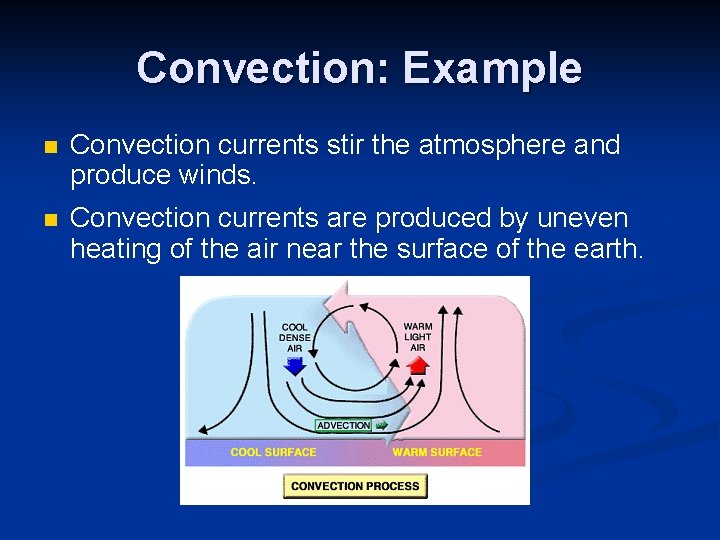 Convection: Example n Convection currents stir the atmosphere and produce winds. n Convection currents