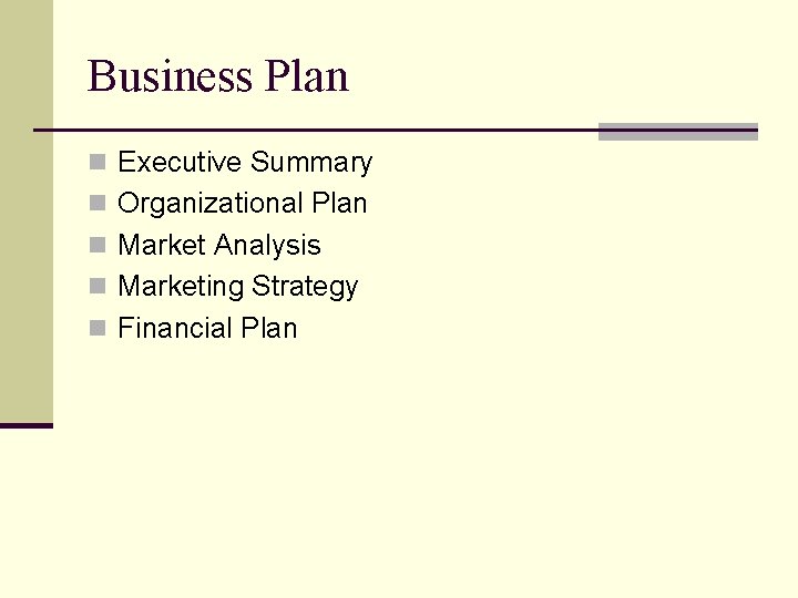 Business Plan n Executive Summary n Organizational Plan n Market Analysis n Marketing Strategy