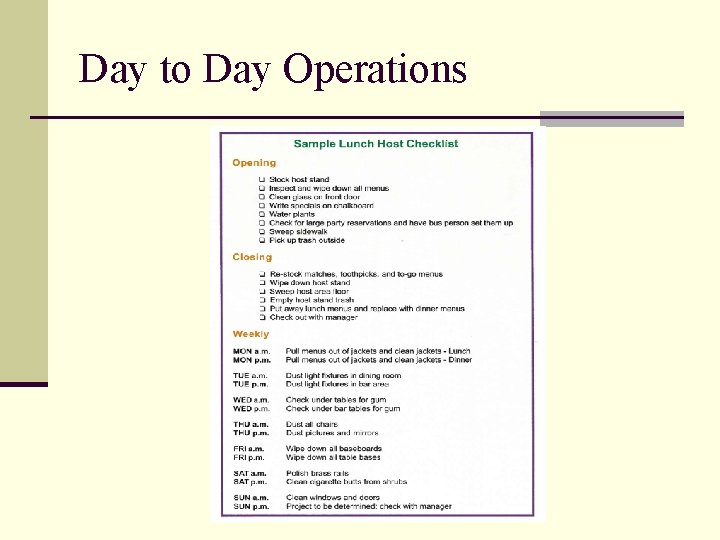 Day to Day Operations 