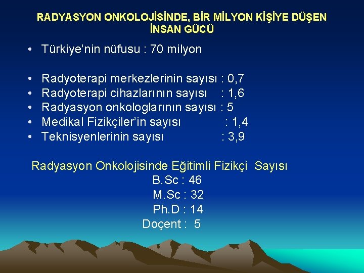 RADYASYON ONKOLOJİSİNDE, BİR MİLYON KİŞİYE DÜŞEN İNSAN GÜCÜ • Türkiye’nin nüfusu : 70 milyon